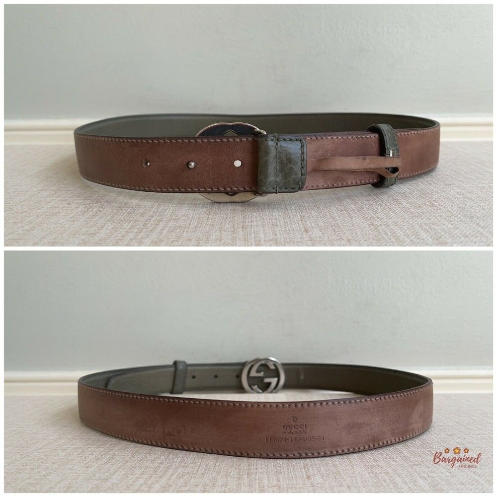 Authentic GUCCI Greenish-Gray Leather Silver Interlocking G Buckle Belt 85/34 - Picture 6 of 13